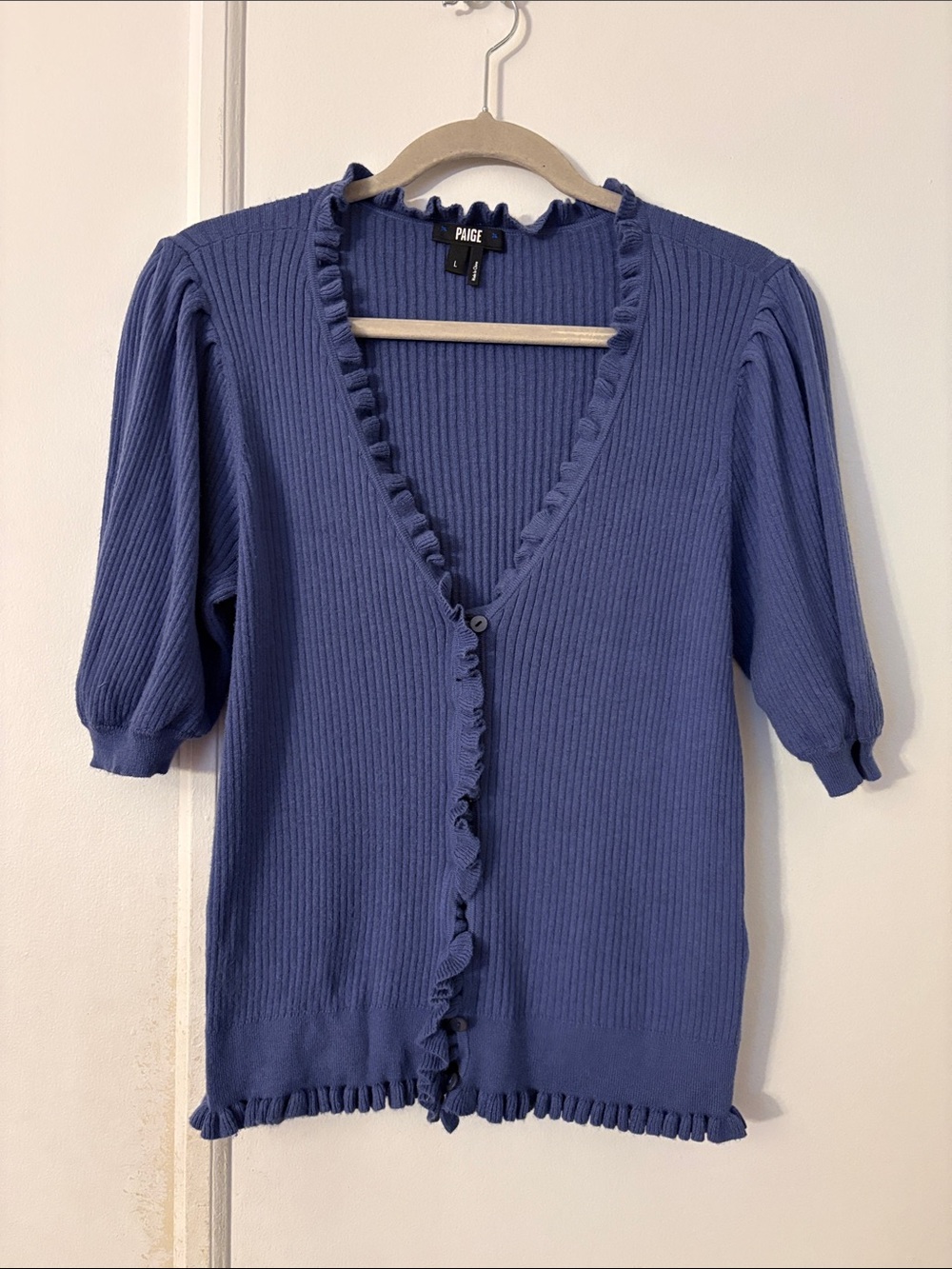 PAIGE Ribbed V-Neck Cardigan with Ruffle Trim — Periwinkle Blue